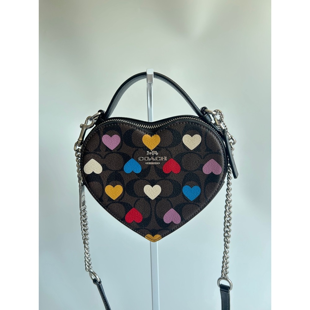 Coach Heart Crossbody Brown Multi Signature Canvas Leather Bag Excellent